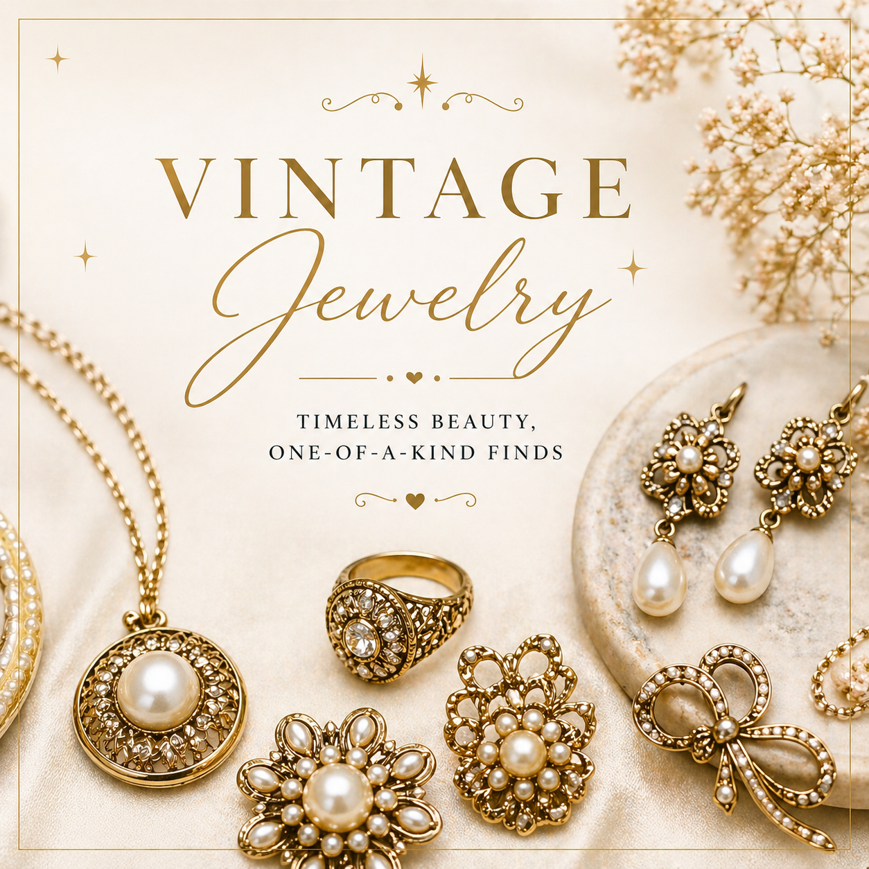 Curated vintage jewelry collection with gold-toned necklaces, rings, brooches, and earrings showcasing timeless beauty and intricate detailing.