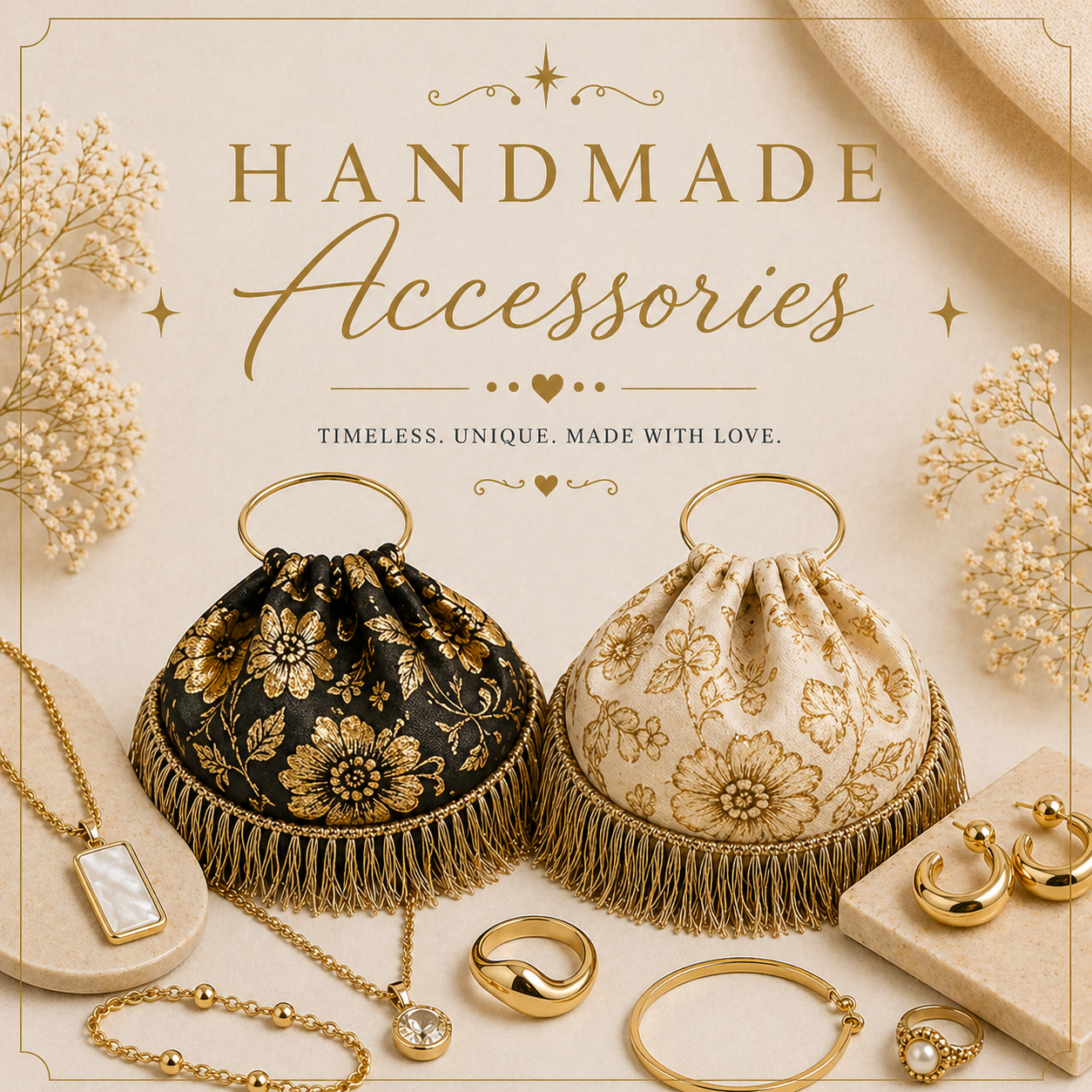 Handmade jewelry collection featuring one-of-a-kind pieces crafted with unique materials, artisanal detail, and timeless, elegant style.