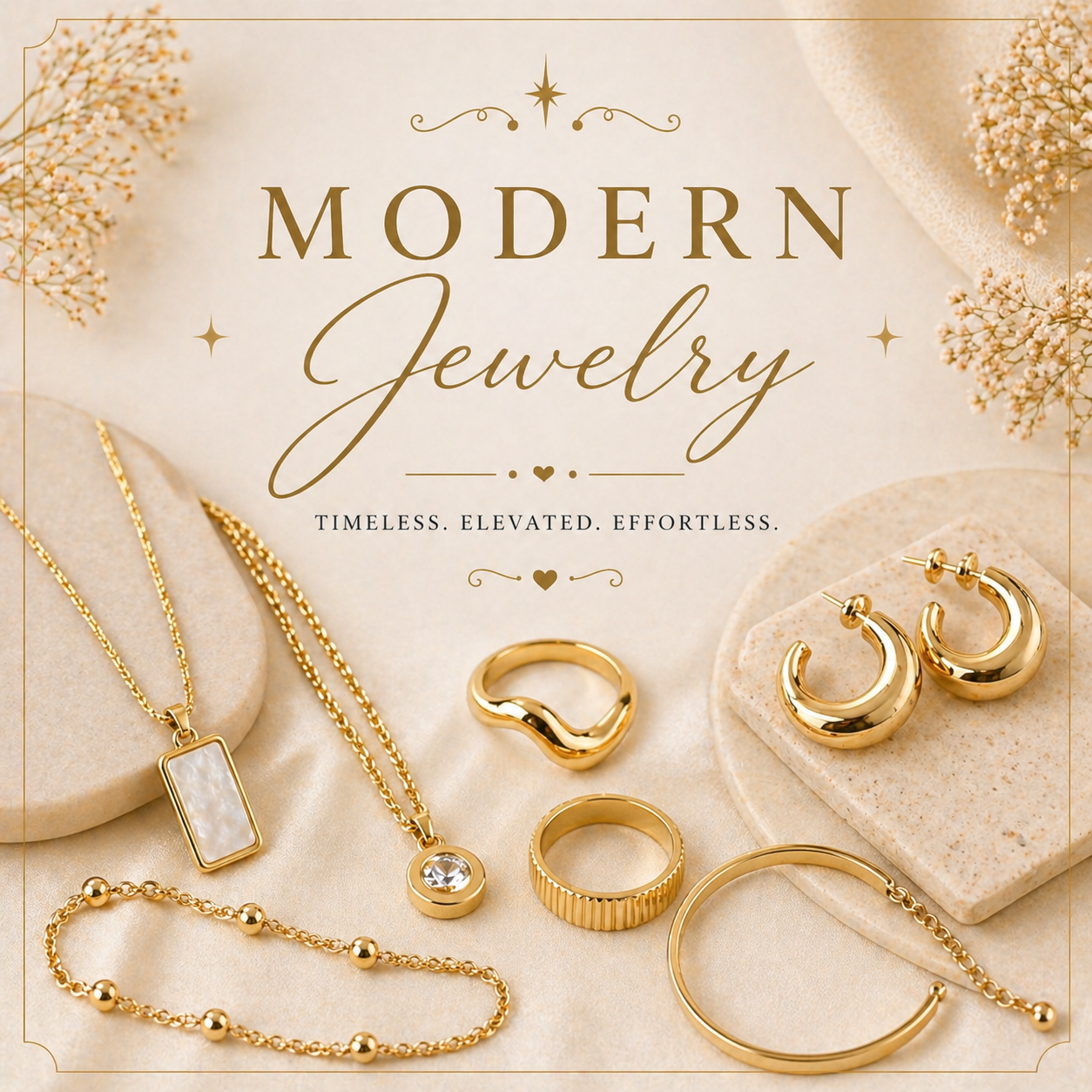 Curated modern jewelry collection featuring sleek necklaces, rings, bracelets, and earrings with clean lines and polished, contemporary designs.